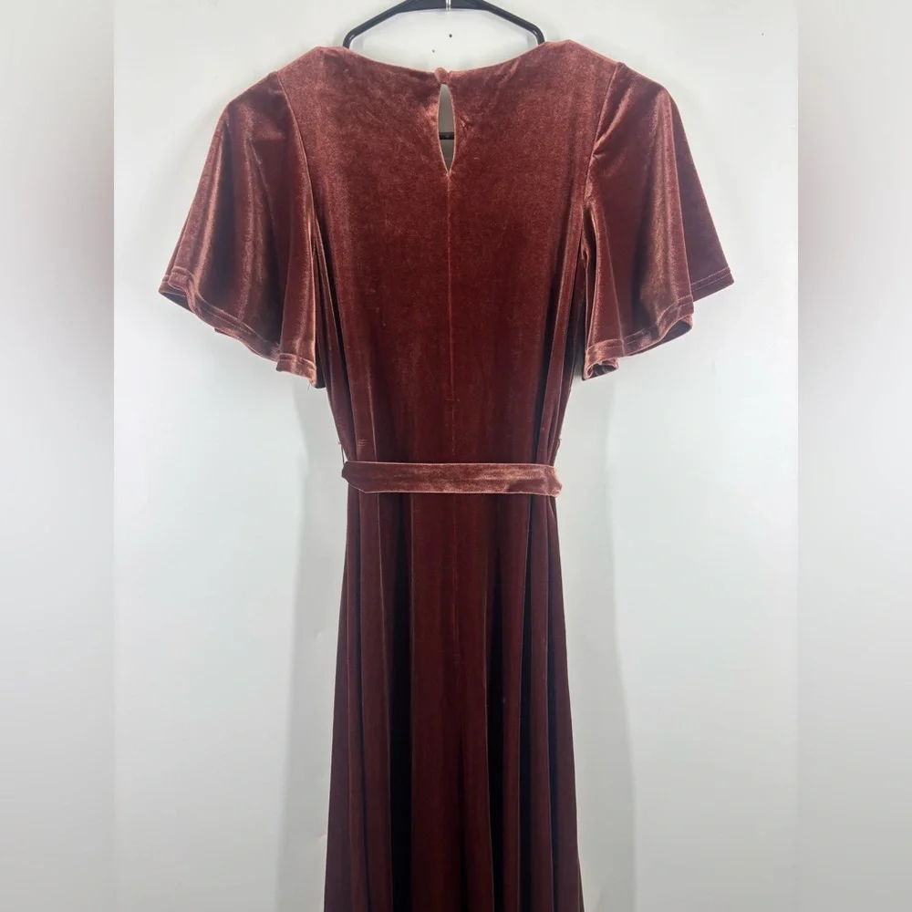 NWOT Revelry Reese Velvet Belted Ruffle‎ Sleeve Dress Terracotta Orange Brown XS